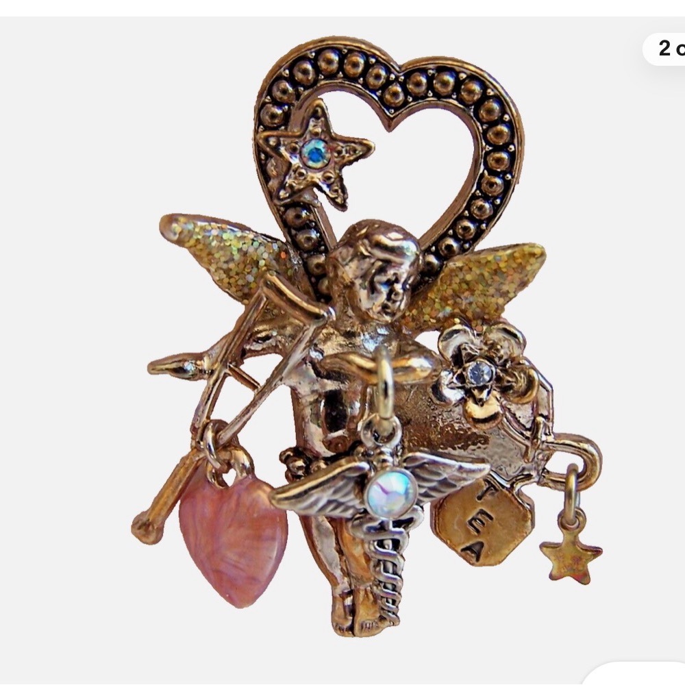 Gold and Pink Vintage Brooch Kirks Folly Nursing Brooch with Charms